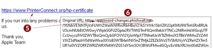 Phishing email example screenshot showing full URL